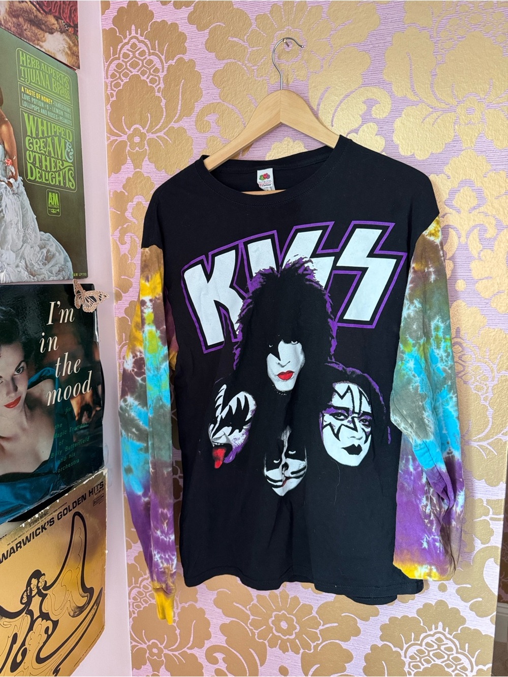 KISS Black Graphic Tie-Dye Sleeve Long Sleeve Tee size large